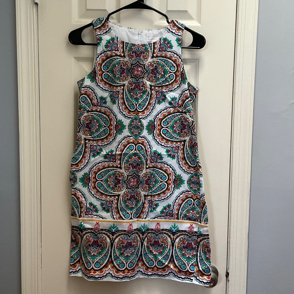 London Times White Mini Dress with Teal, Orange, Pink & Gold Medallion Print